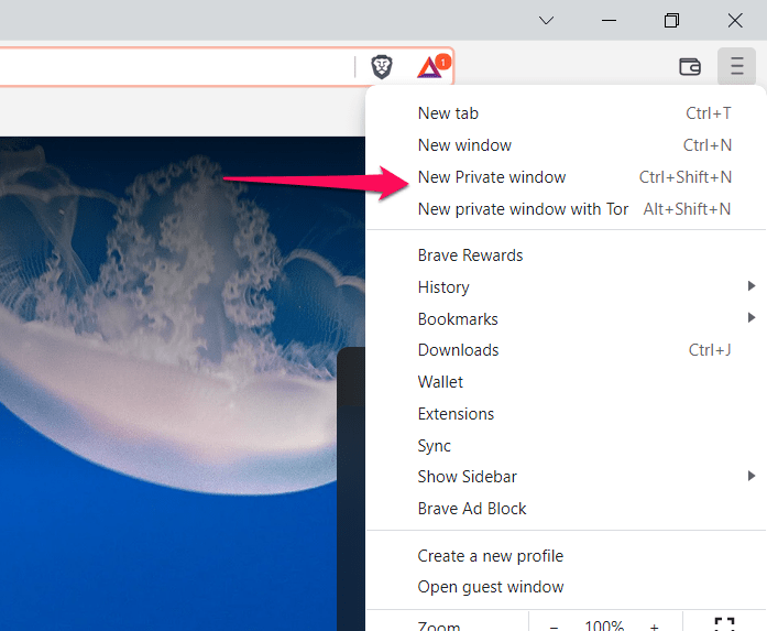 New Private Window in options menu in Brave Browser