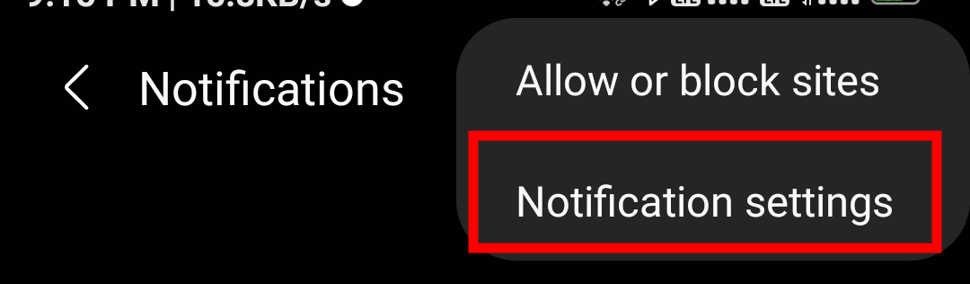 Notification Settings menu option on Samsung Internet