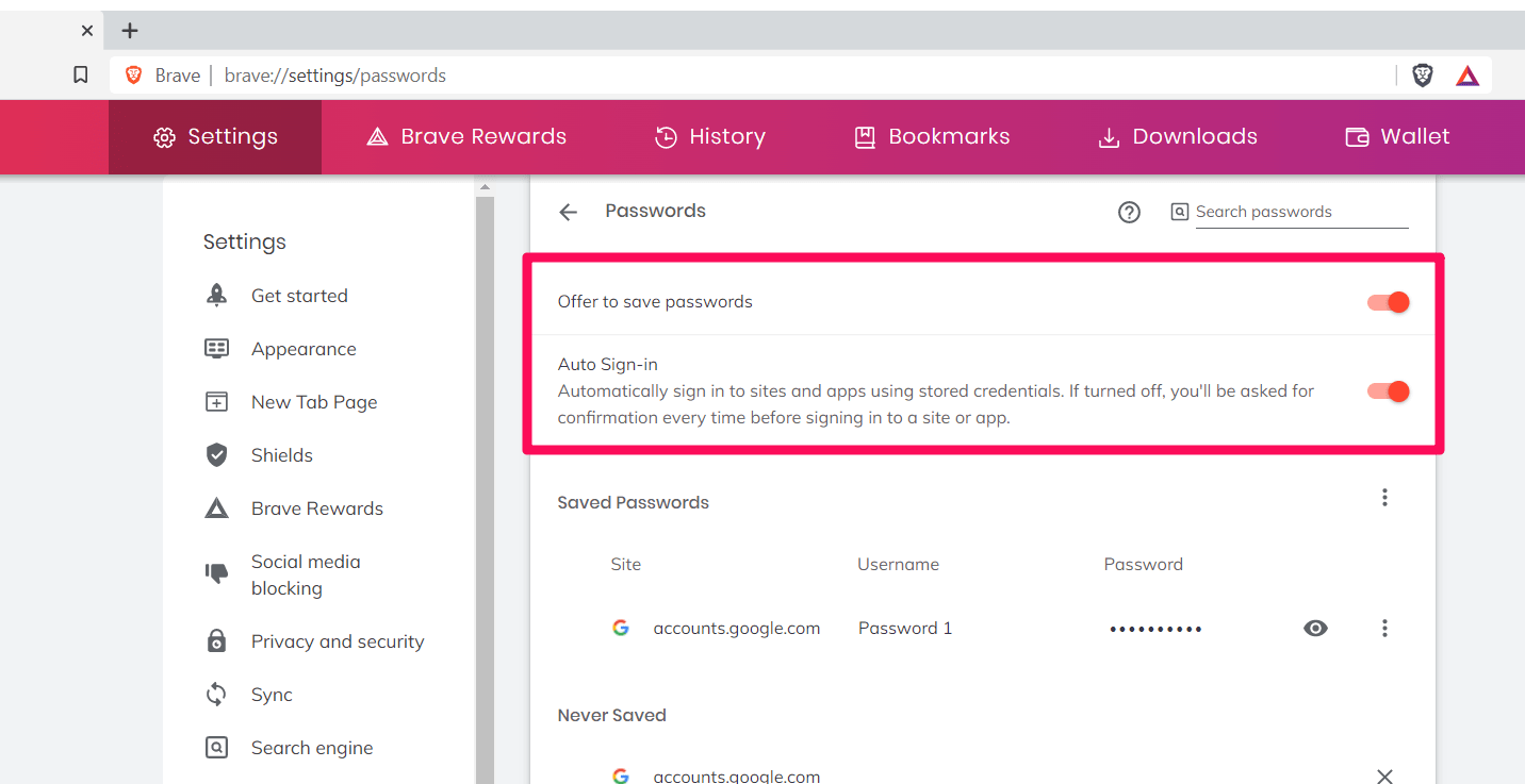 Offer to save password and auto sign-in option in Brave browser settings
