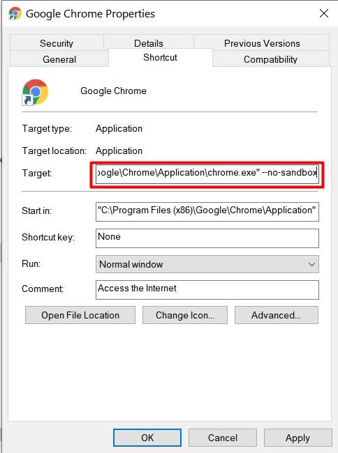 Open Chrome Executable file in no sandbox mode