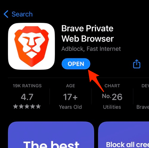 Open Brave browser app on iPhone from App Store page