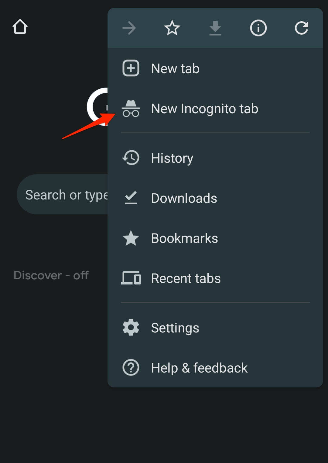 Open New Incognito Tab in Chrome for Android option menu