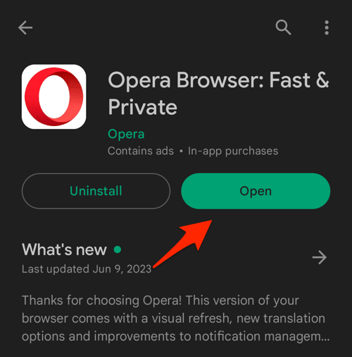 Open Opera browser app on Android Play Store