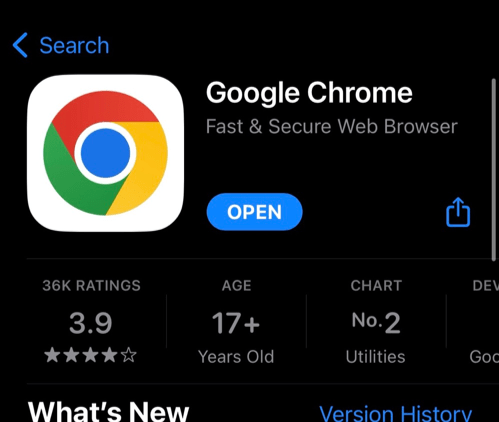 Open command for Google Chrome app on iPhone in App Store
