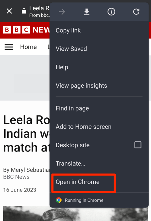Open in Chrome menu within Android System WebView