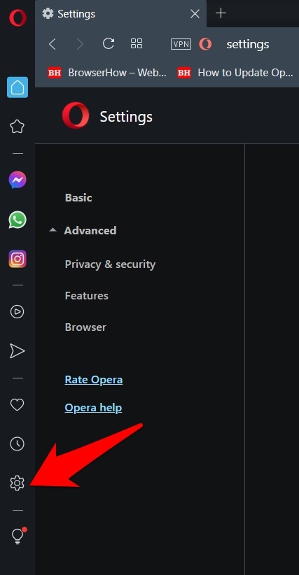 Opera Computer Browser Settings Gear icon
