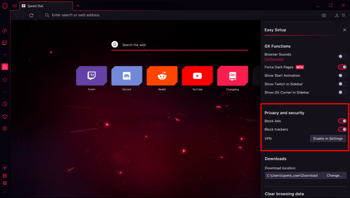 Opera GX adblock and VPN privacy settings