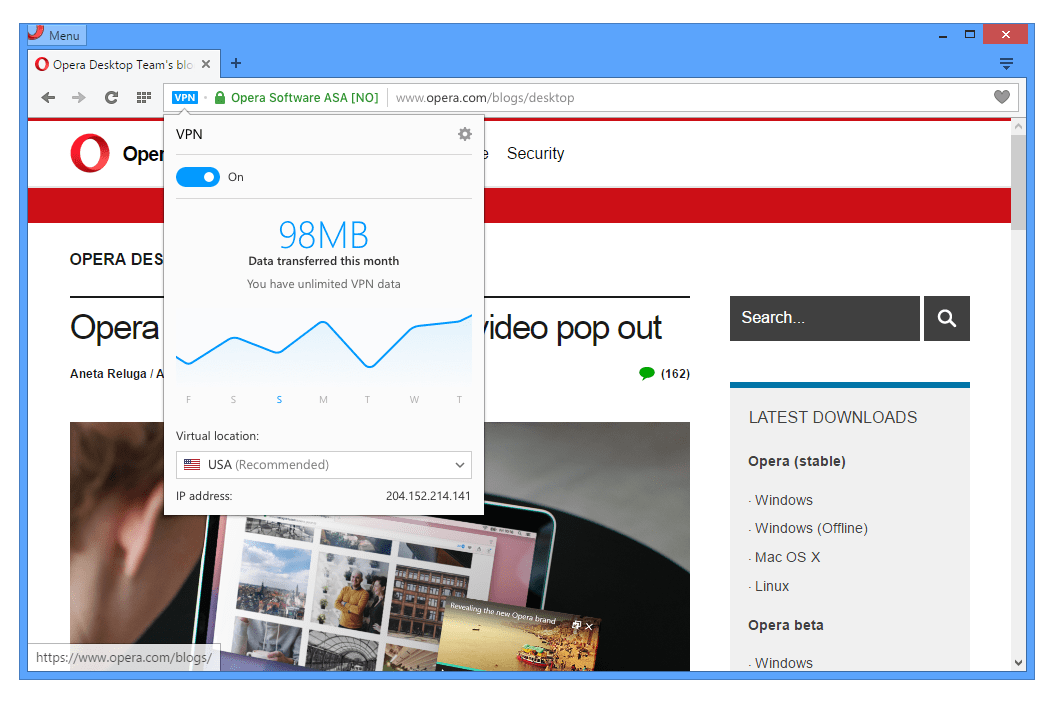 Opera VPN connection in computer browser