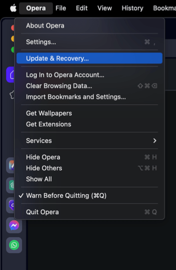Opera Update & Recovery menu on macOS