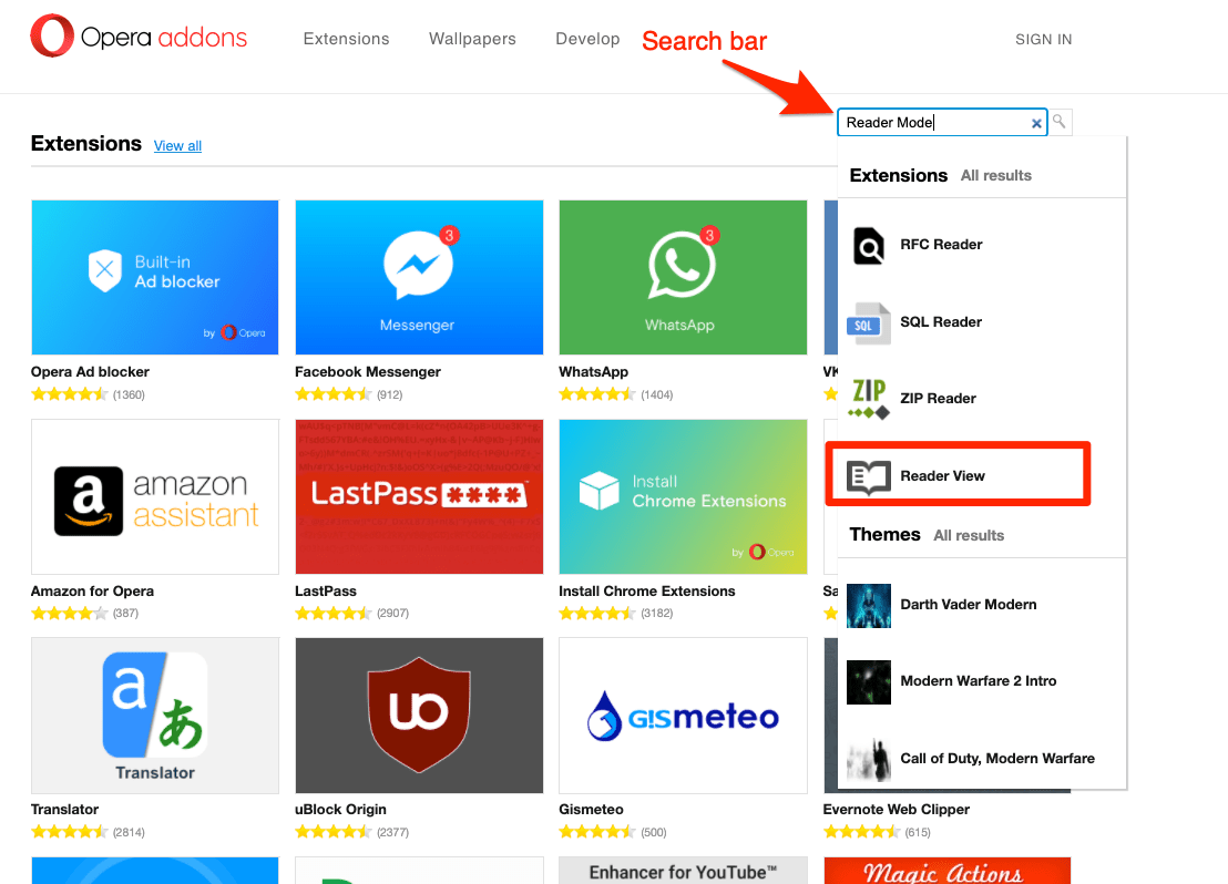 Opera add-ons Homepage with Reader Mode search