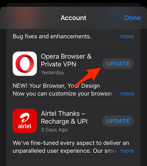Opera app Update command under Available Updates on iPhone device