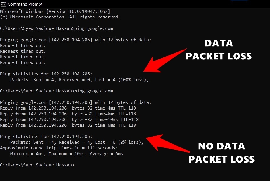 Packets and Data Ping Status in Windows OS