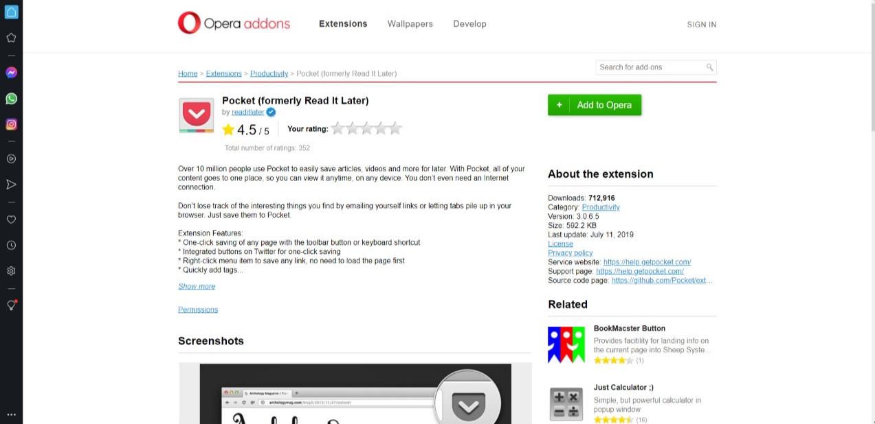 Pocket Browser Extension for Opera