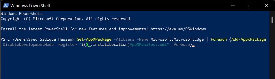 PowerShell Command to Reinstall the Edge browser