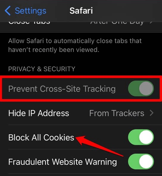 Prevent Cross-Site Tracking Option Grayed Out on Safari iPhone