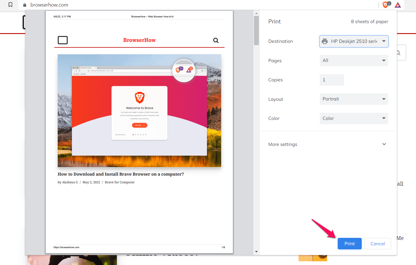 Print Command for Printing the Webpage on Brave Browser