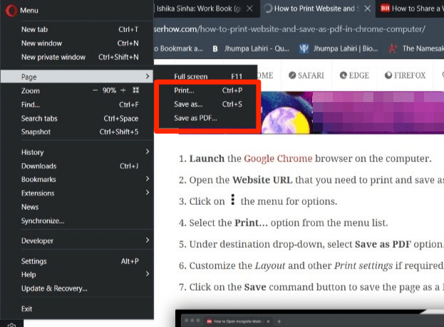 Print and Save as PDF option in Opera Computer browser