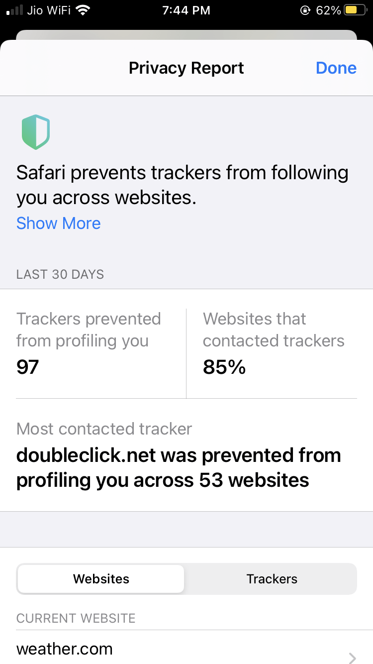 Privacy Report Overview on Safari browser