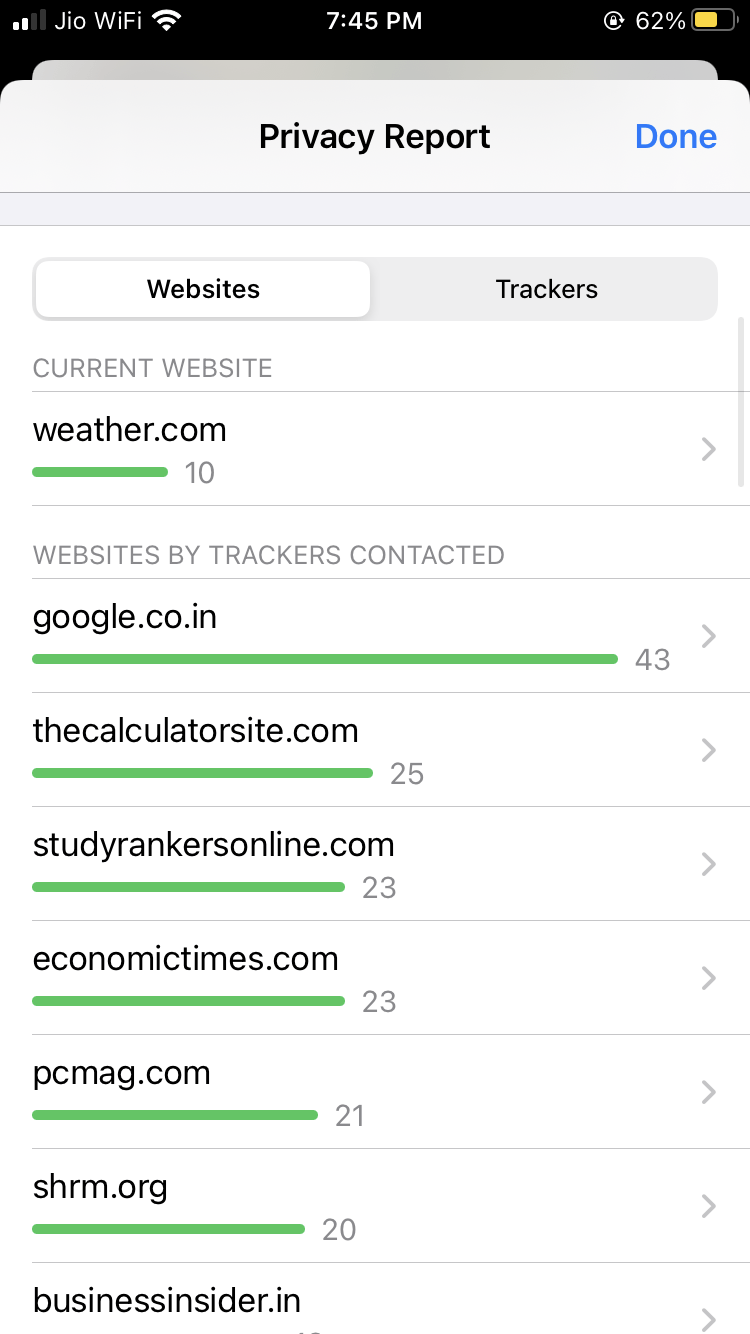 Privacy Report of Current Website on Safari iOS
