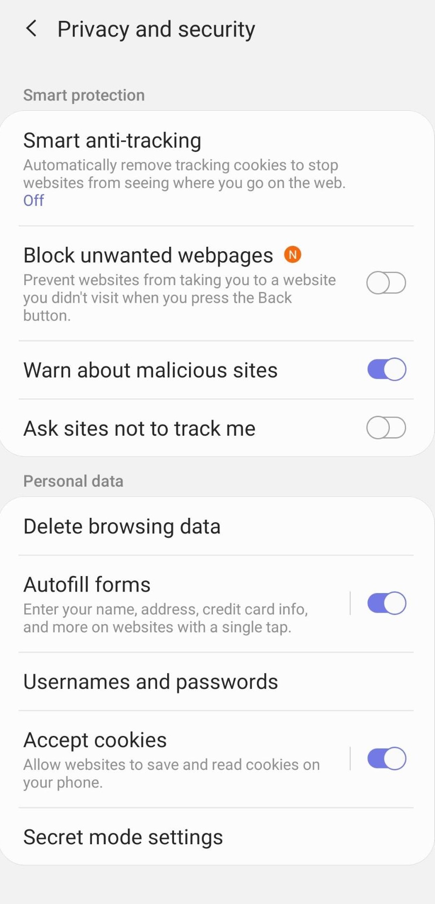 Privacy and Security Settings tab in Samsung Internet