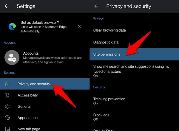 Privacy and Security Site Permissions in Edge for Android