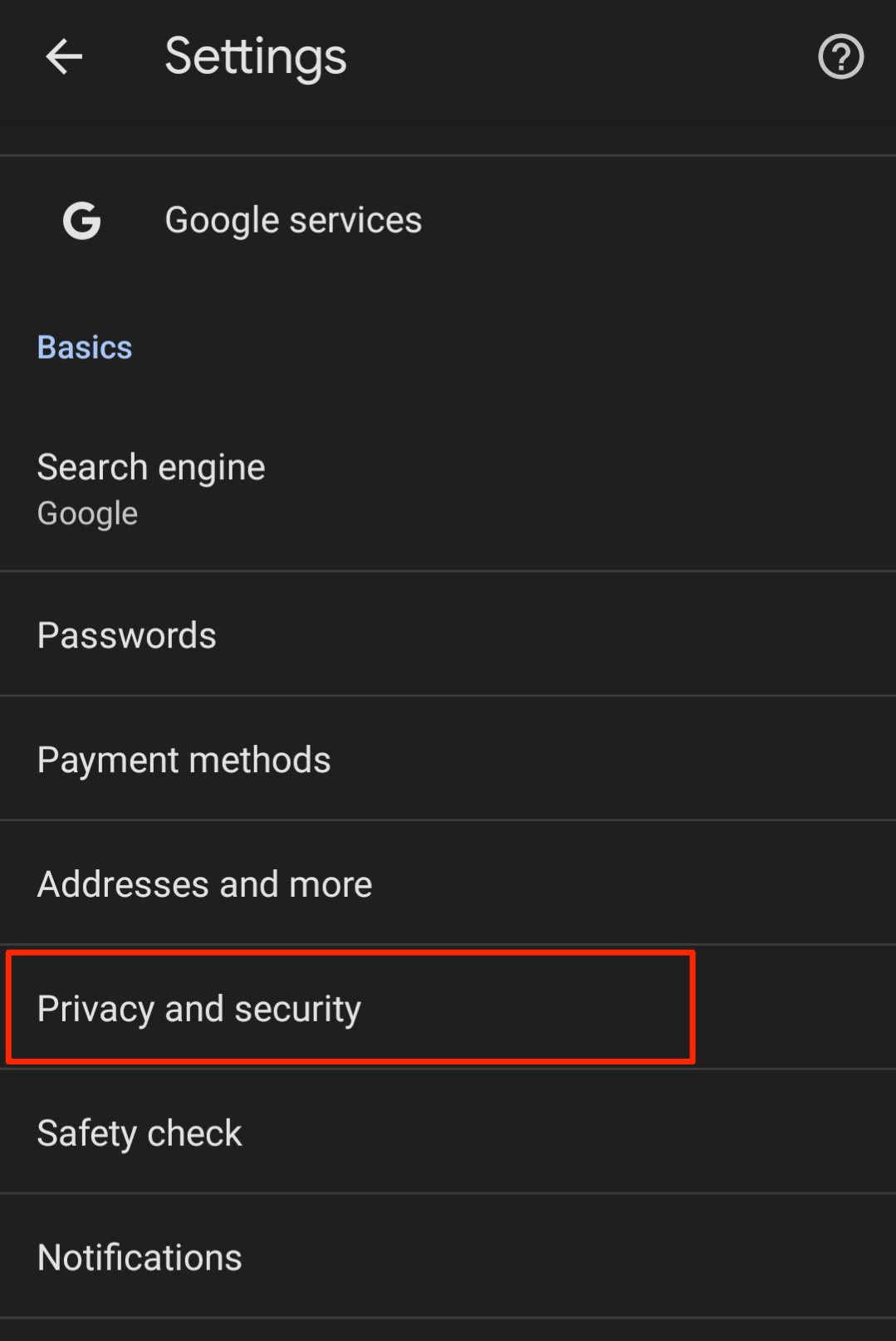 Privacy and Security Settings in Chrome Android browser