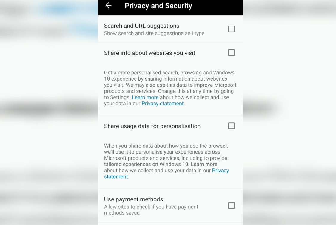 Privacy and Security settings in Microsoft Edge for Android 