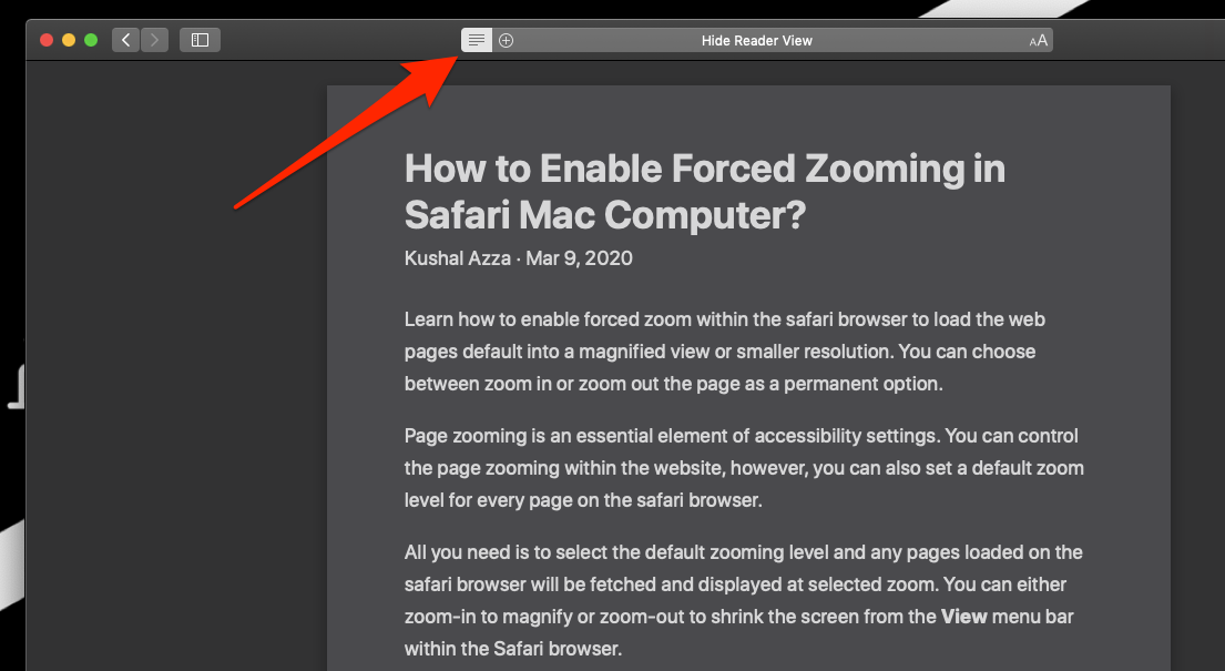Reader View Icon on Safari Browser on mac OS