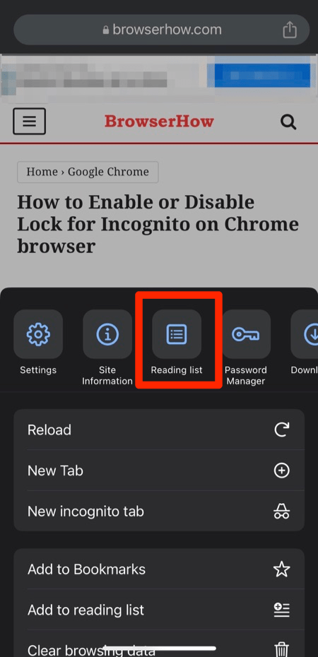 Reading List menu in Chrome iPhone