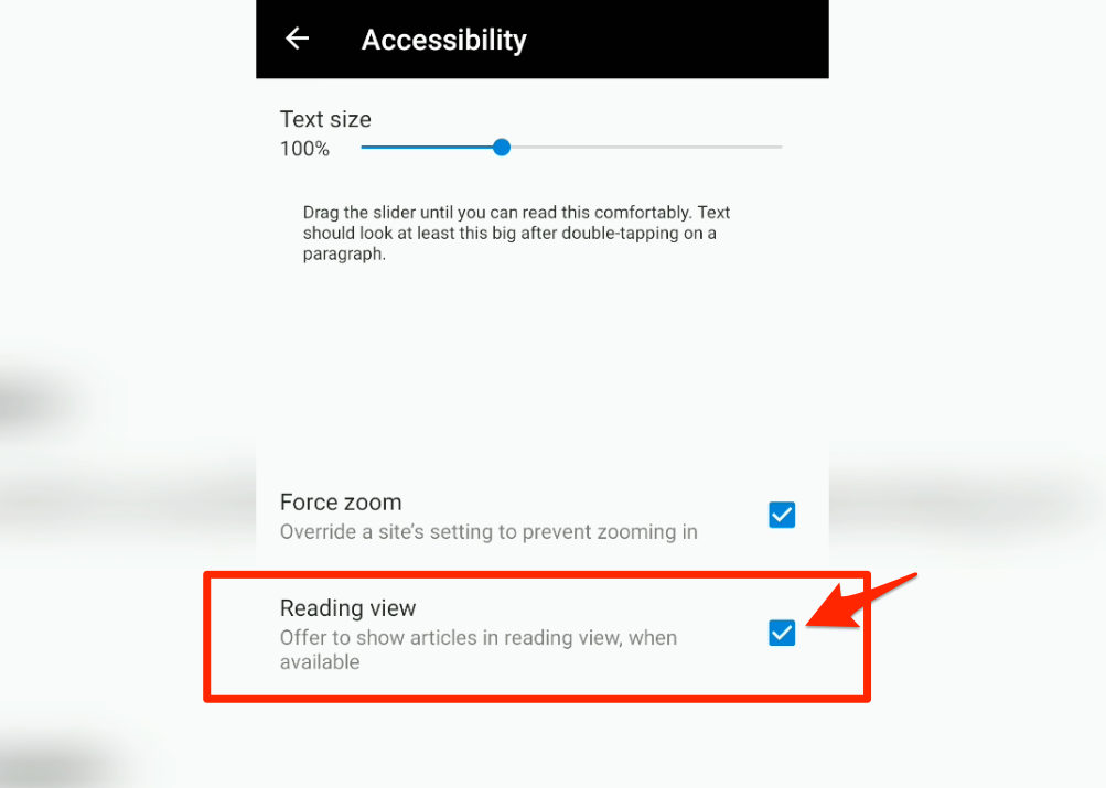 Reading view in Edge Android for simplified text