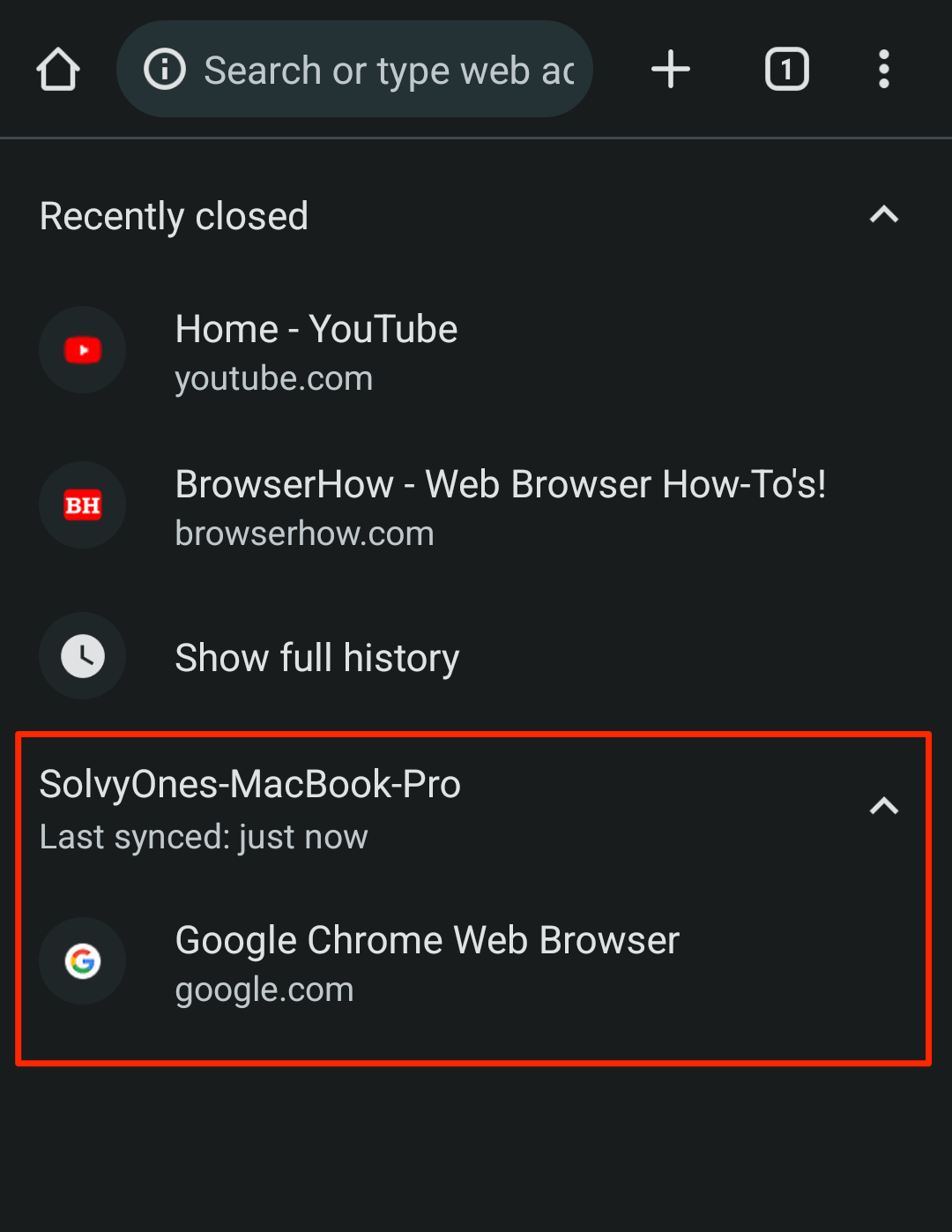 Recent Closed Tabs on Sync Device in Chrome for Android