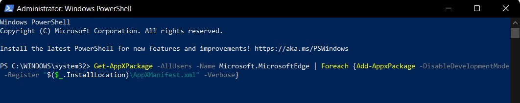 Reinstall the Microsoft Edge package from the internal storage with development mode disable