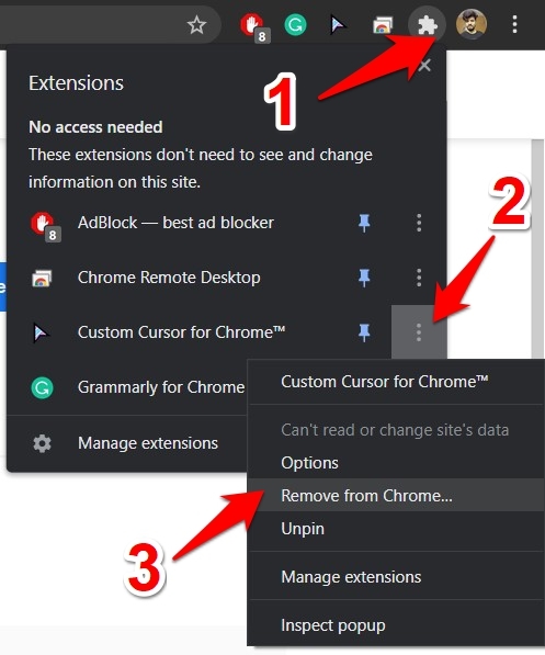 Remove Custom Cursor for Chrome extension browser