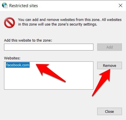 Remove Restricted Site from Internet options