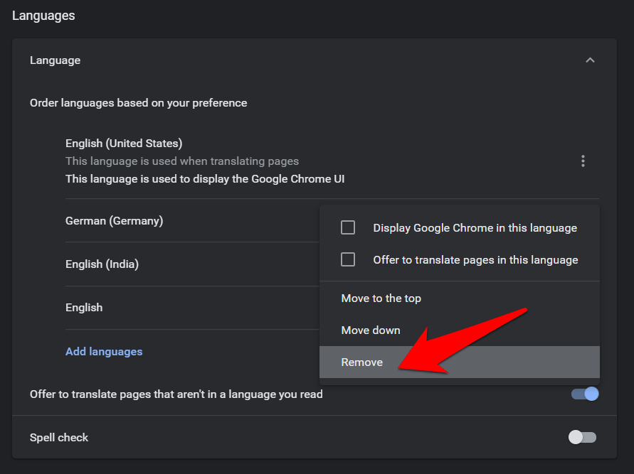 Remove languages from the chrome language settings
