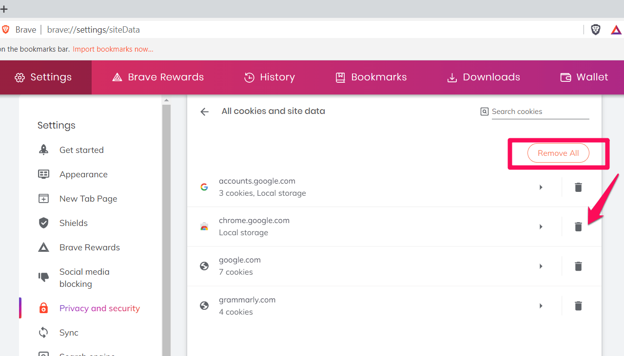 Remove all Cache and Site Data from Brave browser