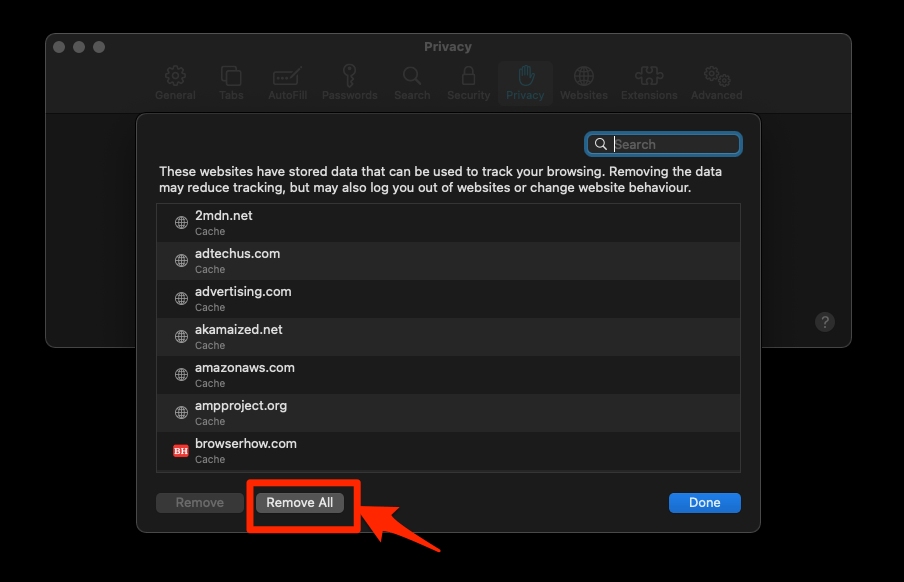 Remove all stored website data from Safari on Mac
