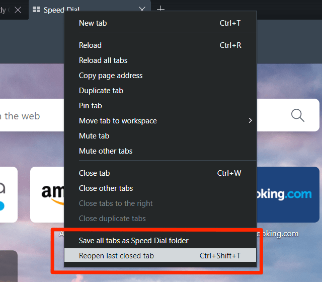 Reopen Last Closed Tabs option in Opera Browser