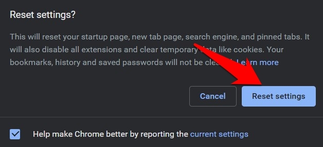 Reset Settings command in Chrome