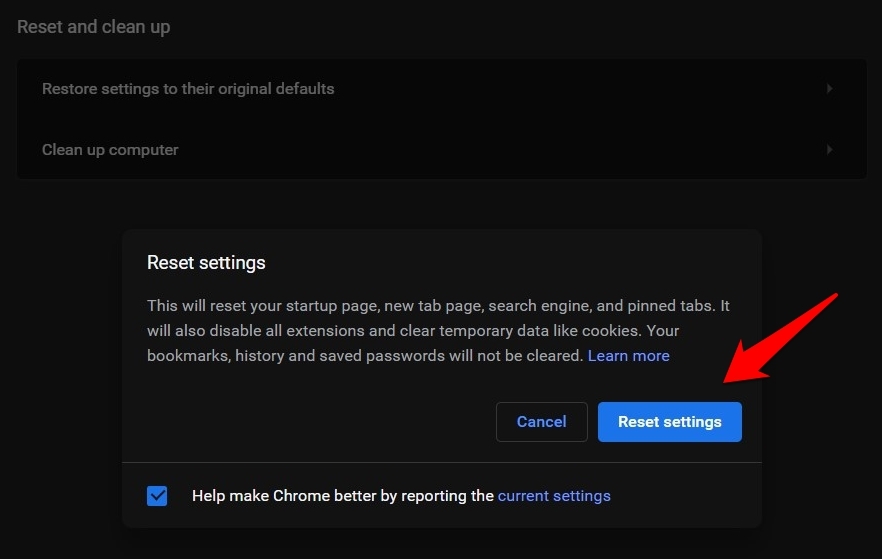 Reset Settings in Chrome Browser