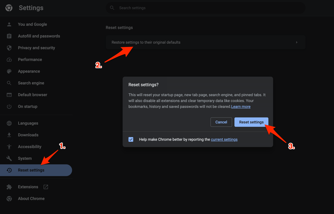Reset settings command button in Chrome computer 