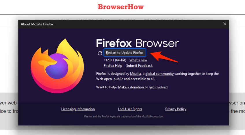 Restart to Update Firefox button on Windows PC