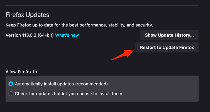Restart to Update Firefox button on computer