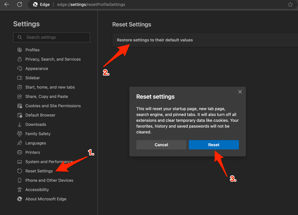 Restore settings to their default values under Reset Settings in Edge on computer