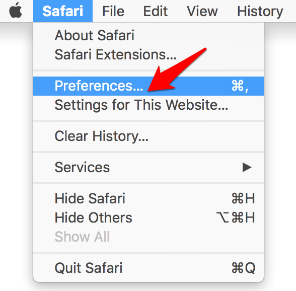 Safari Preferences menu