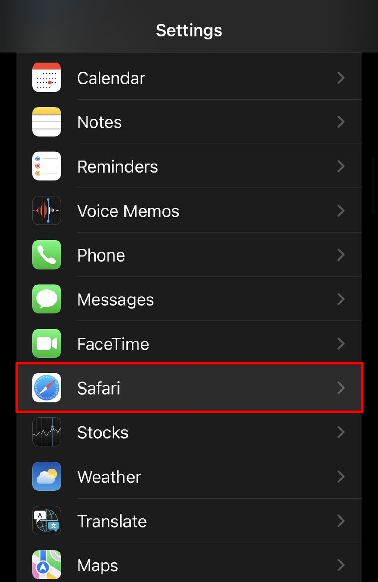 Safari app Phone Settings menu