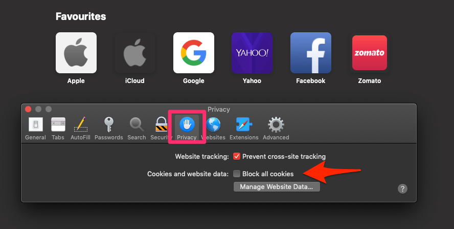 Safari Privacy Tab Cookies and Website data settings