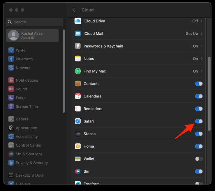 Safari app enabled for Sync with iCloud on Mac