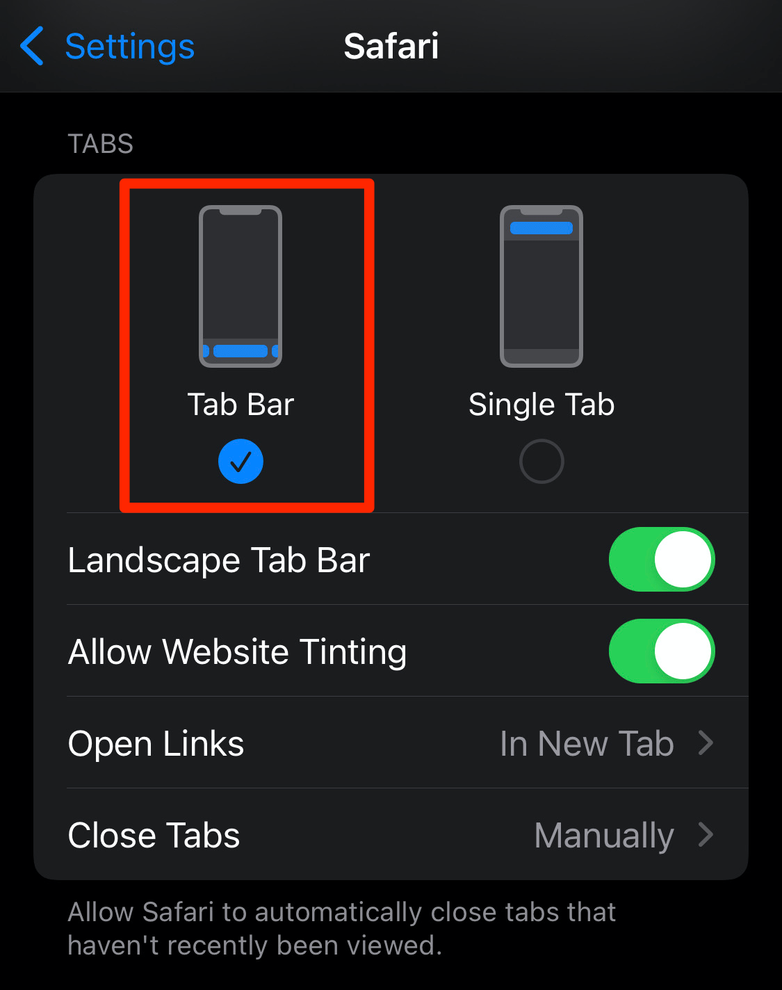 Safari iPhone browser option to show tab bar in bottom