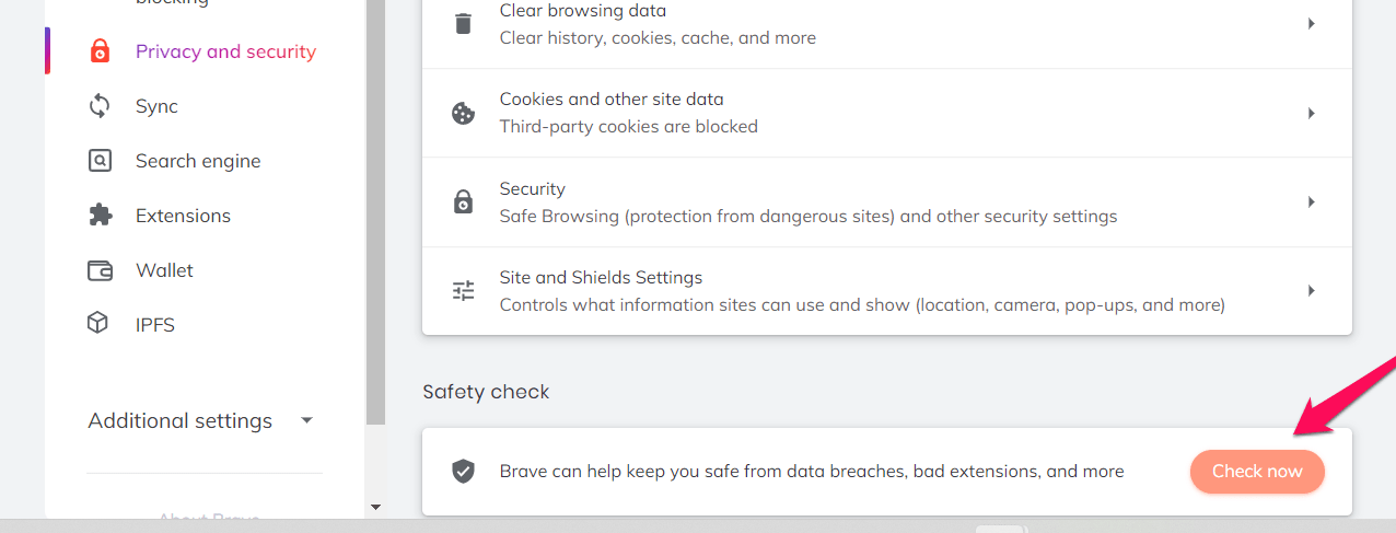 Safety check button on Brave browser for diagnosis